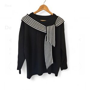 SHEIN Black and White Crew Neck Sweater with Striped Detail